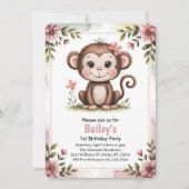 Kinder Schattigee Roze Aap 1e Verjaardagsfeest Kaart (Voorkant)