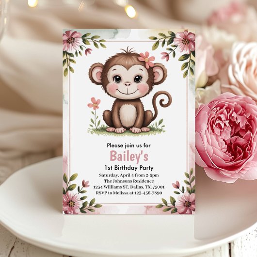 Kinder Schattigee Roze Aap 1e Verjaardagsfeest Kaart