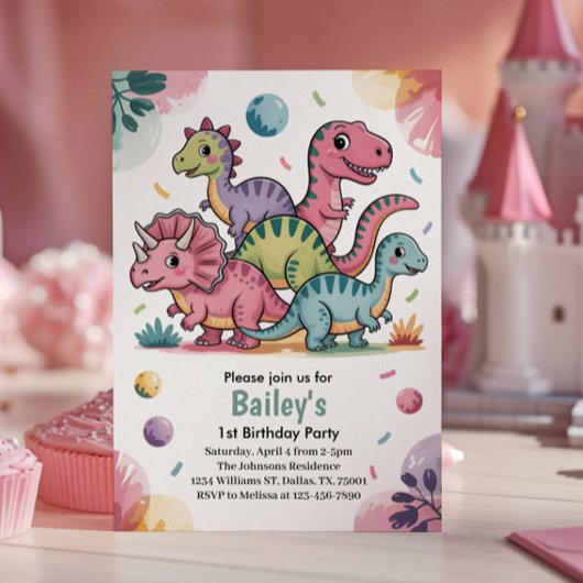 Kinder Schattigee Roze Dinosaurus 1e Verjaardagsfe Kaart