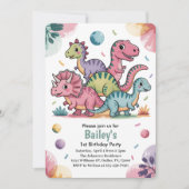 Kinder Schattigee Roze Dinosaurus 1e Verjaardagsfe Kaart (Voorkant)