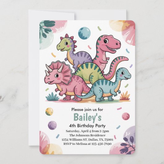 Kinder Schattigee Roze Dinosaurus 4e Verjaardagsfe Kaart (Voorkant)