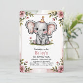 Kinder Schattigee Roze Olifant 3e Verjaardagsfeest Kaart (Staand voorkant)