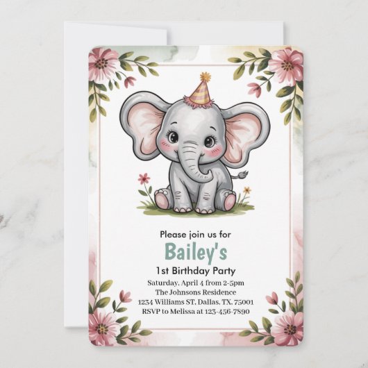 Kinder Schattigee roze olifant verjaardagsfeestje Kaart (Voorkant)