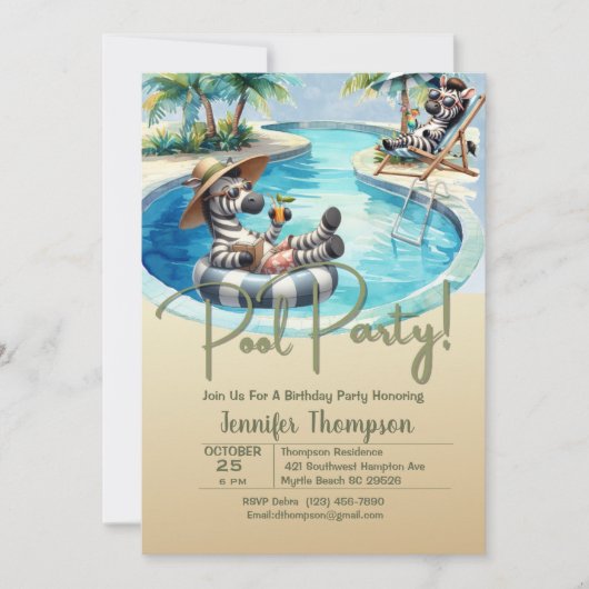 Kinder Schattigee Zebra Safari Pool Party Verjaard Kaart (Voorkant)