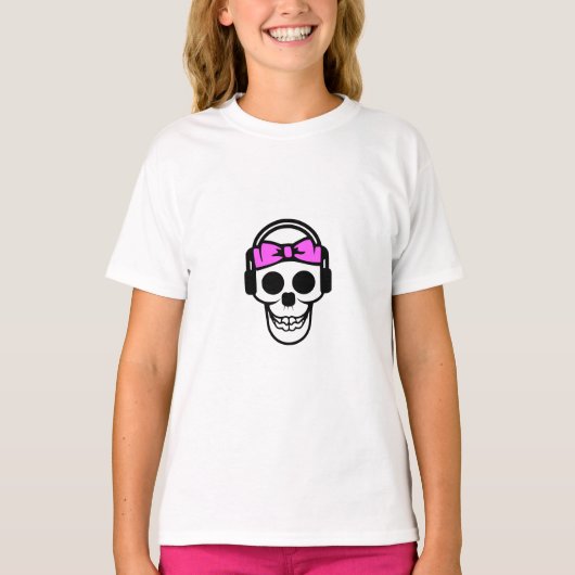 Kinder schedel DJ - Meisjes roze romp, hoofdtelefo T-shirt (Voorkant)