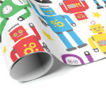 Kinder sciencefictionrobots en aliens jarig cadeaupapier<br><div class="desc">Witte geschenkverpakking bedrukt met een kleurrijk patroon van de sciencefiction aliens en robots van kind</div>