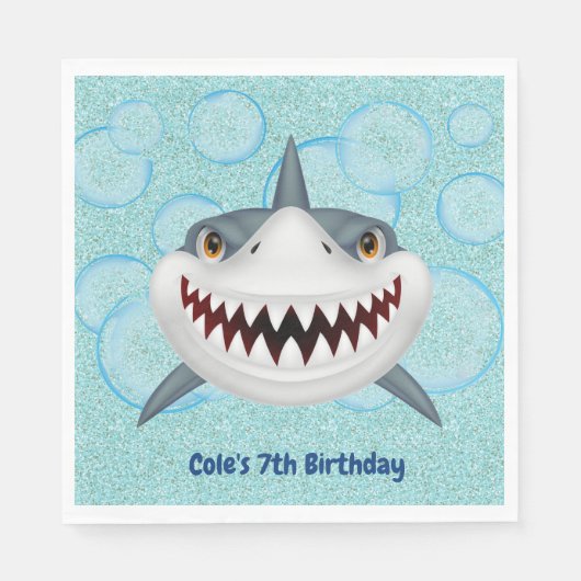 Kinder Shark Aqua Glitter Birthday Party Napkins Servet (Voorkant)