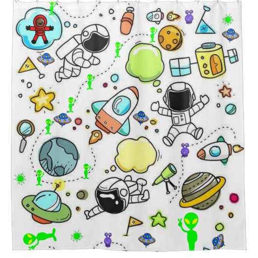 Kinder Shower Curtain Astronauts Aliens Space Douchegordijn (Voorkant)