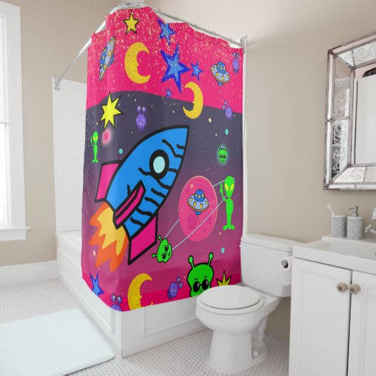 Kinder Shower Curtain Rocket Aliens Space Douchegordijn (In situ)
