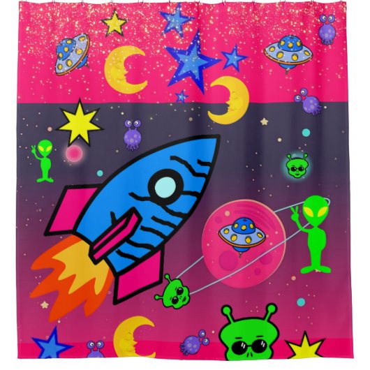 Kinder Shower Curtain Rocket Aliens Space Douchegordijn (Voorkant)