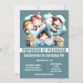 Kinder slaapzakken popcorn pyjama slaapfeestje kaart (Voorkant)