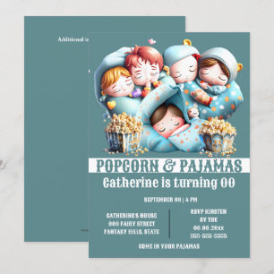 Kinder slaapzakken popcorn pyjama slaapfeestje kaart