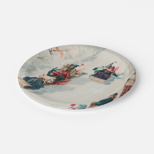  Kinder Sledding Winter Kerstfeest Papieren Bordje (Gekanteld)