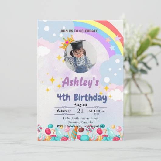 kinder Snoep Land Verjaardagsuitnodiging Kaart (Staand voorkant)