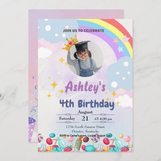 kinder Snoep Land Verjaardagsuitnodiging Kaart (Voorkant / Achterkant)