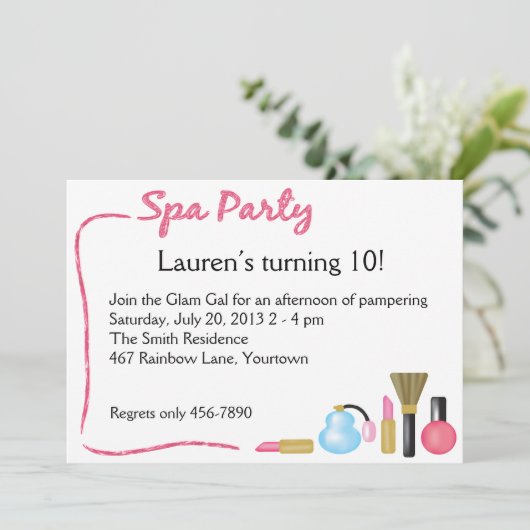 Kinder Spa Partij Uitnodiging met Lipstick Border (Staand voorkant)