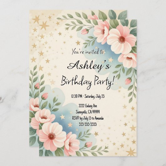  Kinder Space Flower Thema verjaardagsfeestje Kaart (Voorkant / Achterkant)