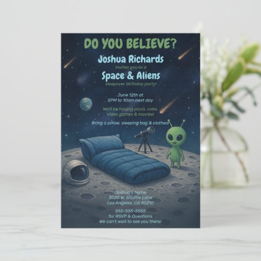 Kinder Space Galaxy Aliens Sleepover verjaardagsfe Kaart (Staand voorkant)