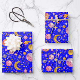 Kinder Space Planet Blauwe Kleur Achtergrond Gift Inpakpapier Vel