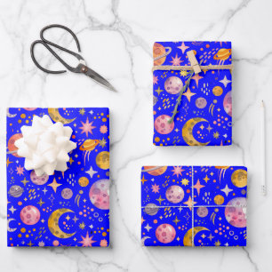 Kinder Space Planet Blauwe Kleur Achtergrond Gift Inpakpapier Vel