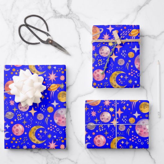 Kinder Space Planet Blauwe Kleur Achtergrond Gift Inpakpapier Vel (Voorkant)