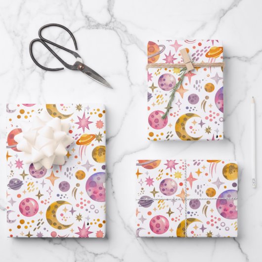 Kinder Space Planet Wit Kleur Gift Inpakpapier Vel (Voorkant)