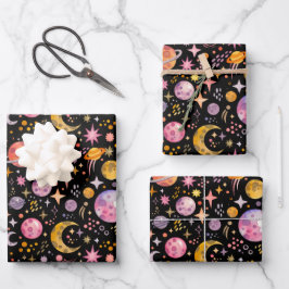 Kinder Space Planet zwart kleur cadeau Inpakpapier Vel