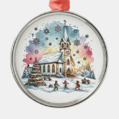 Kinder spelen in de kerk tijdens de kerstdagen metalen ornament (Voorkant)