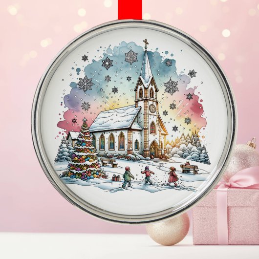 Kinder spelen in de kerk tijdens de kerstdagen metalen ornament