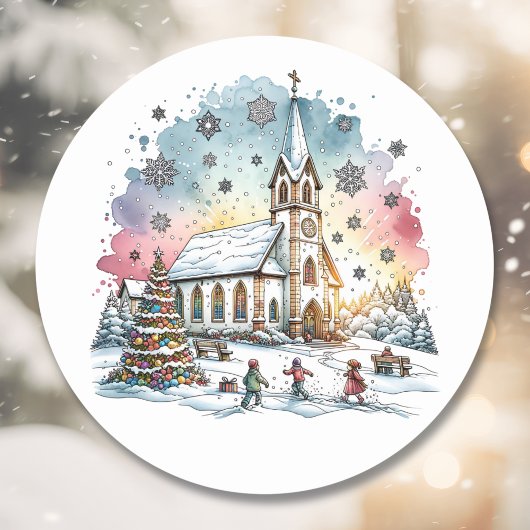 Kinder spelen in de kerk tijdens de kerstdagen ronde sticker