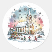 Kinder spelen in de kerk tijdens de kerstdagen ronde sticker (Voorkant)