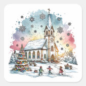 Kinder spelen in de kerk tijdens de kerstdagen vierkante sticker (Voorkant)
