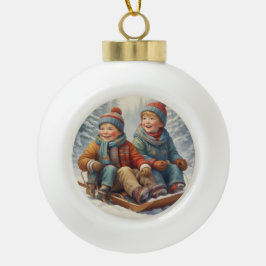 Kinder spelen in de Snow Snowflake Framed Ornament