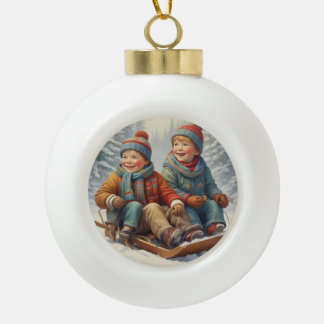 Kinder spelen in de Snow Snowflake Framed Ornament