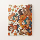 Kinder spelen met een stapel gevallen bladeren legpuzzel (Verticaal)