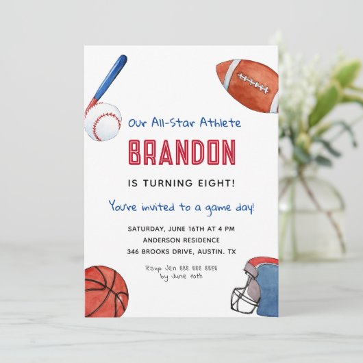 Kinder Sport Verjaardagsuitnodiging Aankondiging (Staand voorkant)