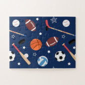 Kinder Sportapparatuurpatroon op Blauw overmaats Legpuzzel (Horizontaal)