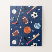 Kinder Sportapparatuurpatroon op Blauw overmaats Legpuzzel (Verticaal)