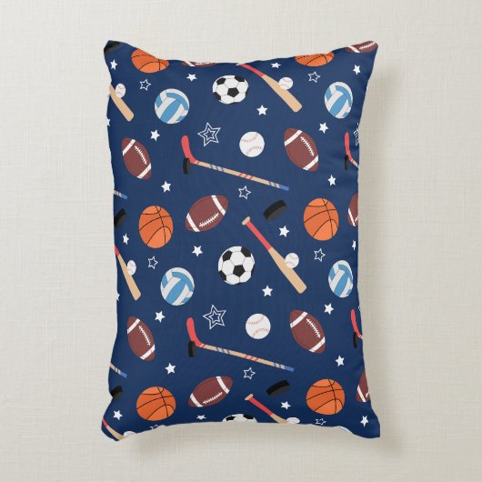 Kinder sportmateriaalpatroon op blauw accent kussen (Voorkant(Verticaal))