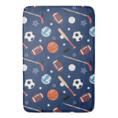 Kinder sportmateriaalpatroon op blauwe badkamer badmat (Voorkant Verticaal)