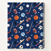 Kinder sportmateriaalpatroon op de blauwe school notitieboek (Achterkant)