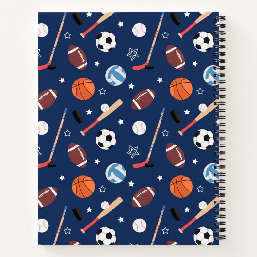 Kinder sportmateriaalpatroon op de blauwe school notitieboek (Achterkant)