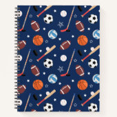 Kinder sportmateriaalpatroon op de blauwe school notitieboek (Voorkant)