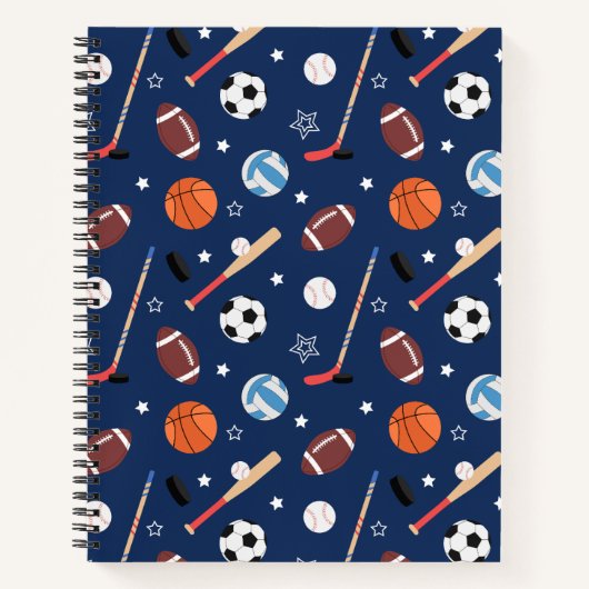 Kinder sportmateriaalpatroon op de blauwe school notitieboek (Voorkant)