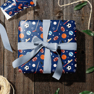 Kinder sportuitrustingspatroon op blauwe dag cadeaupapier