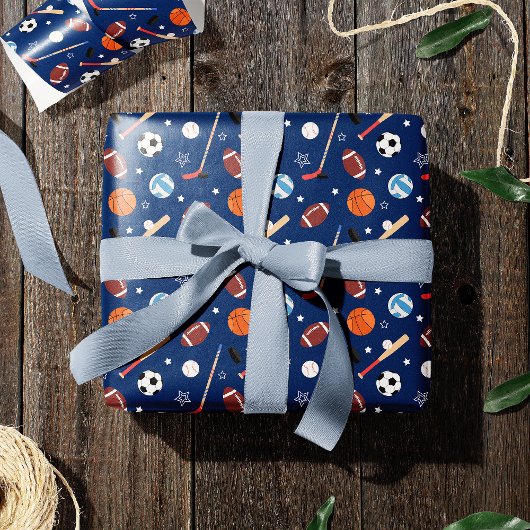 Kinder sportuitrustingspatroon op blauwe dag cadeaupapier