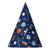 Kinder sportuitrustingspatroon op blauwe dag feesthoedjes (Links)