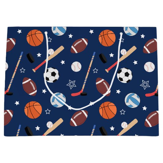 Kinder sportuitrustingspatroon op blauwe dag groot cadeauzakje (Voorkant)