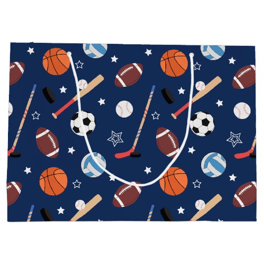 Kinder sportuitrustingspatroon op blauwe dag groot cadeauzakje (Achterkant)