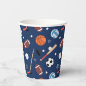 Kinder sportuitrustingspatroon op blauwe dag papieren bekers (Voorkant)